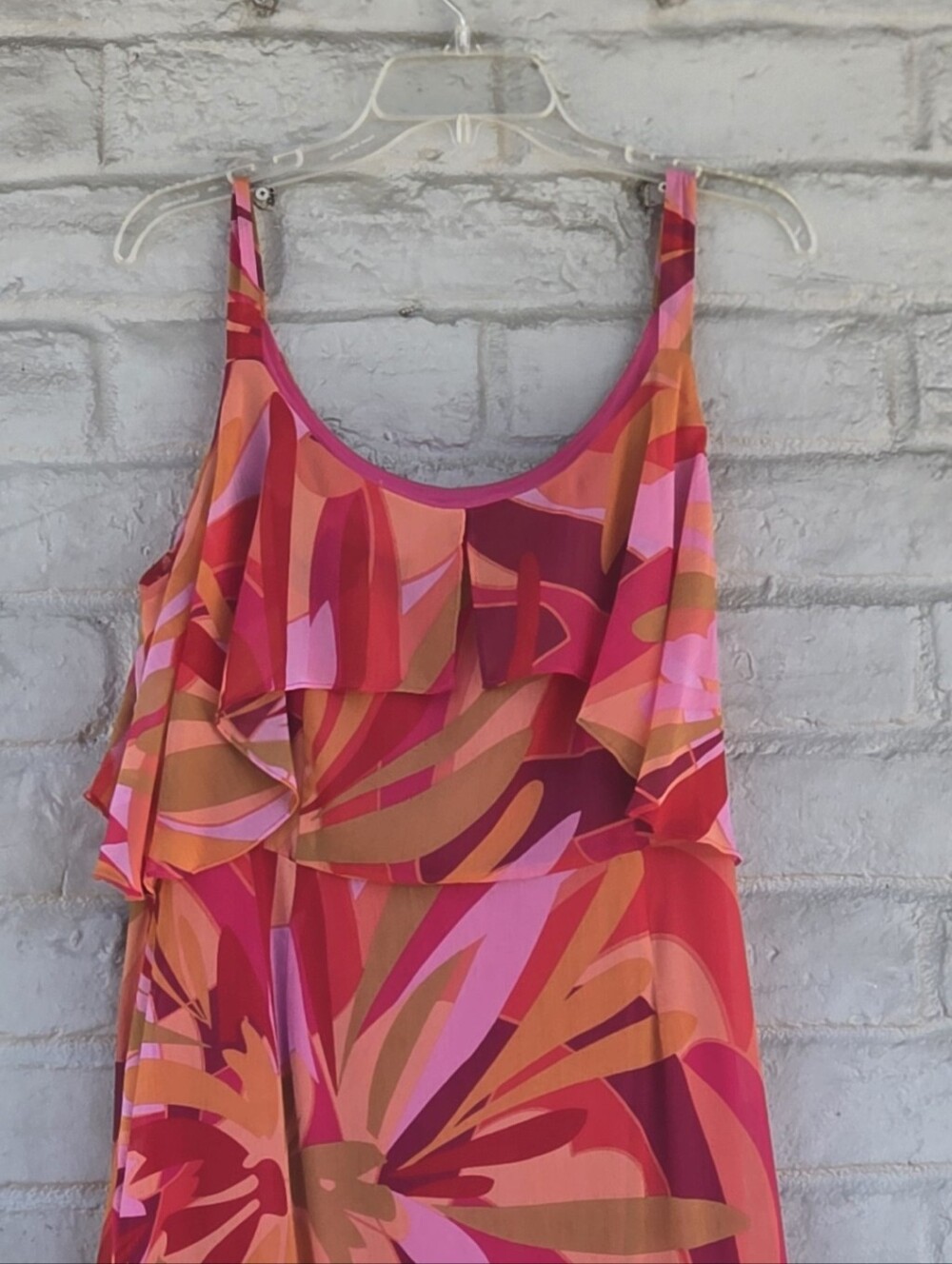 Roz & Ali Womens 14 Plus Pink Abstract Floral Ruffle Maxi Dress Tank Popover Lin - Picture 4 of 6